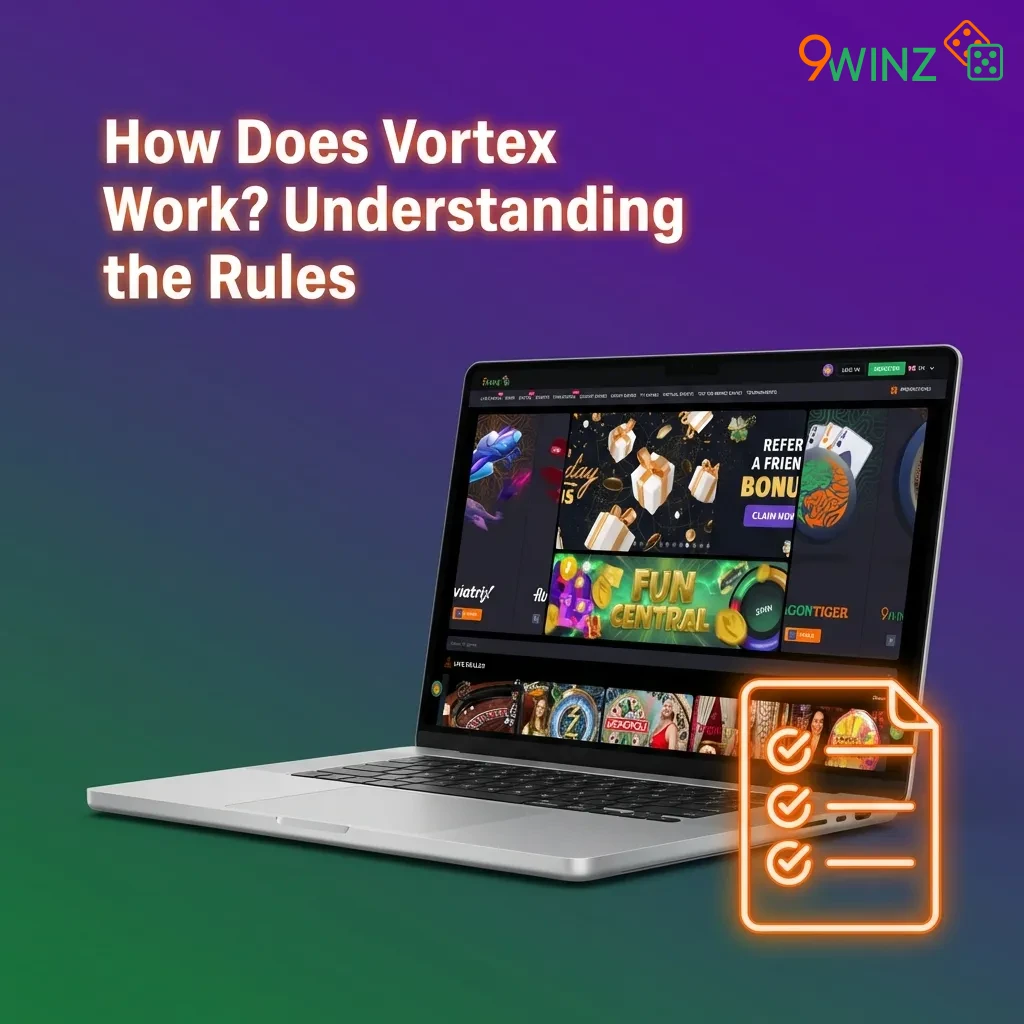 Vortex game interface showing multiplier climbing from 1x with cash out button and betting controls displayed — Vortex at 9winz in India