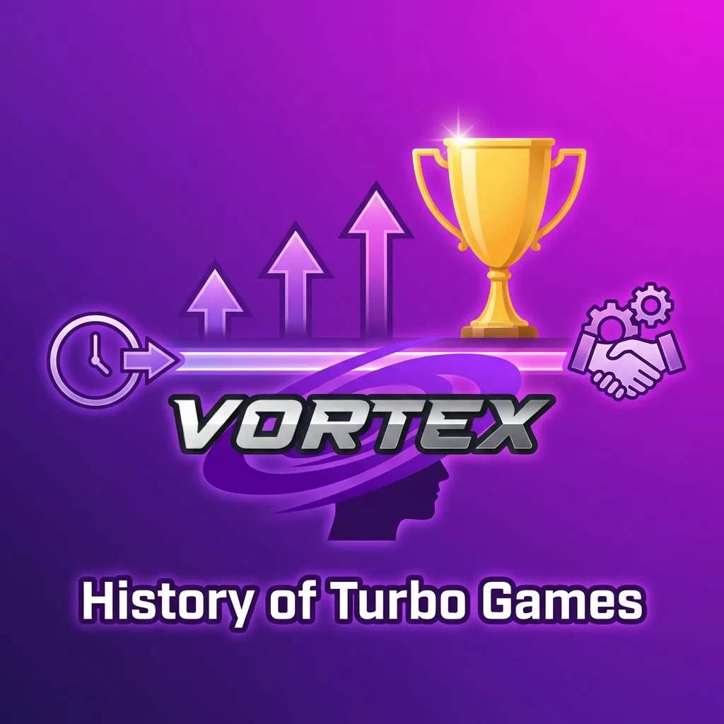 Turbo Games logo and timeline showing evolution from 2020 launch to crash-style gambling specialist — Vortex in India