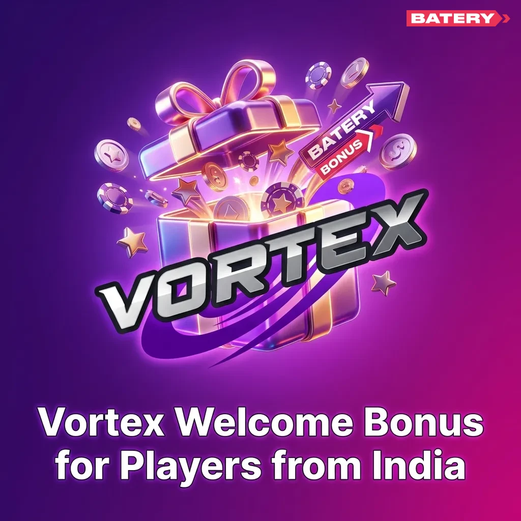 Vortex welcome bonus offer showing ₹1,50,000 plus 430 free spins for Indian players at Batery casino — Vortex at Batery in India