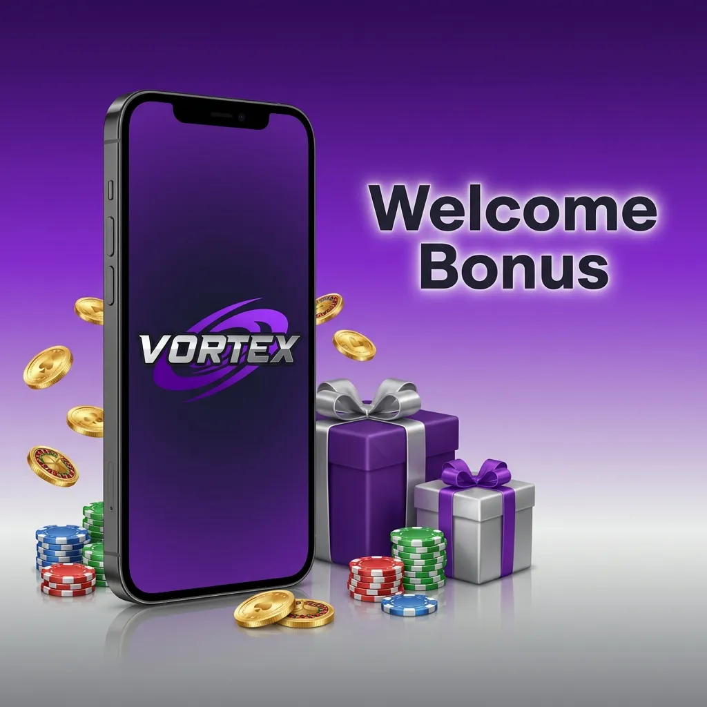 Casino welcome bonus graphic showing percentage match on initial deposit with bonus funds and free spins offer — Vortex in India