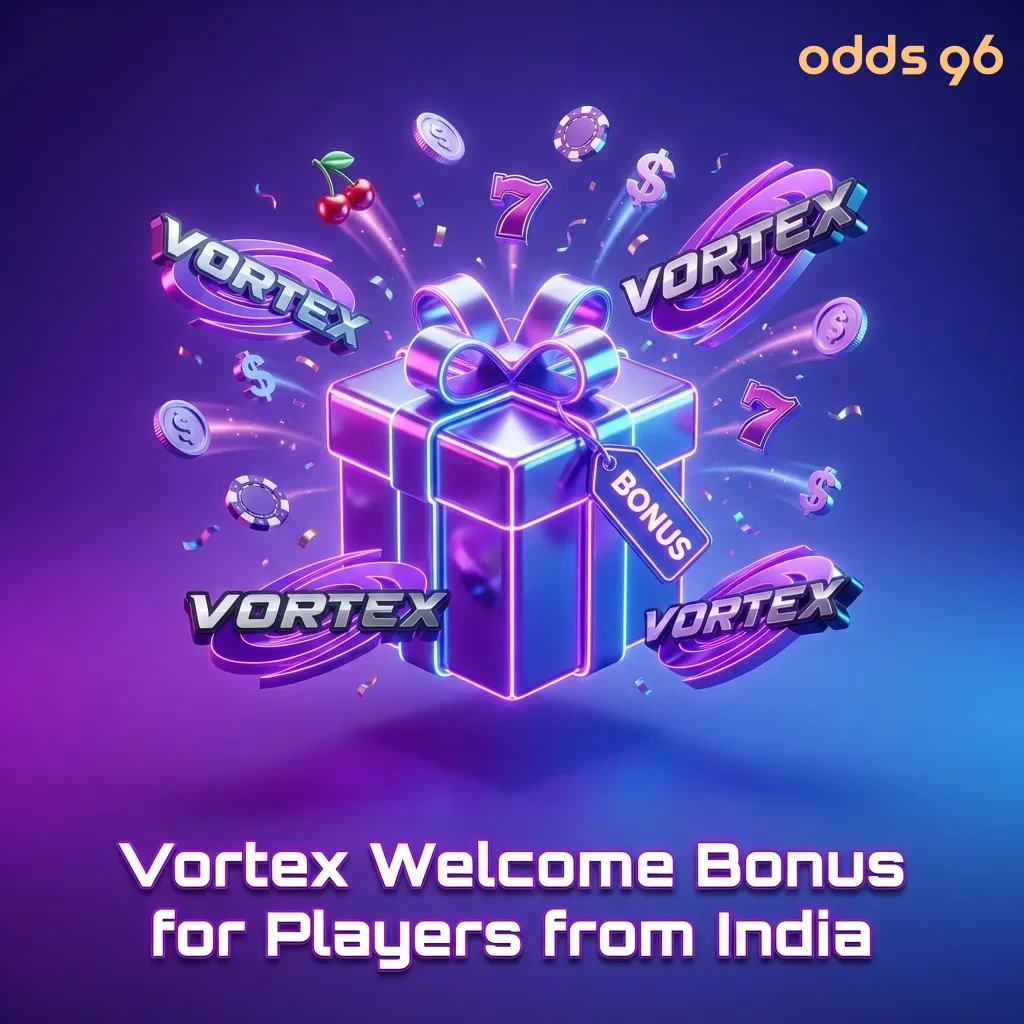 Odds96 casino welcome bonus promotion showing 500% deposit bonus and free spins for Indian players — Vortex at Odds96 in India