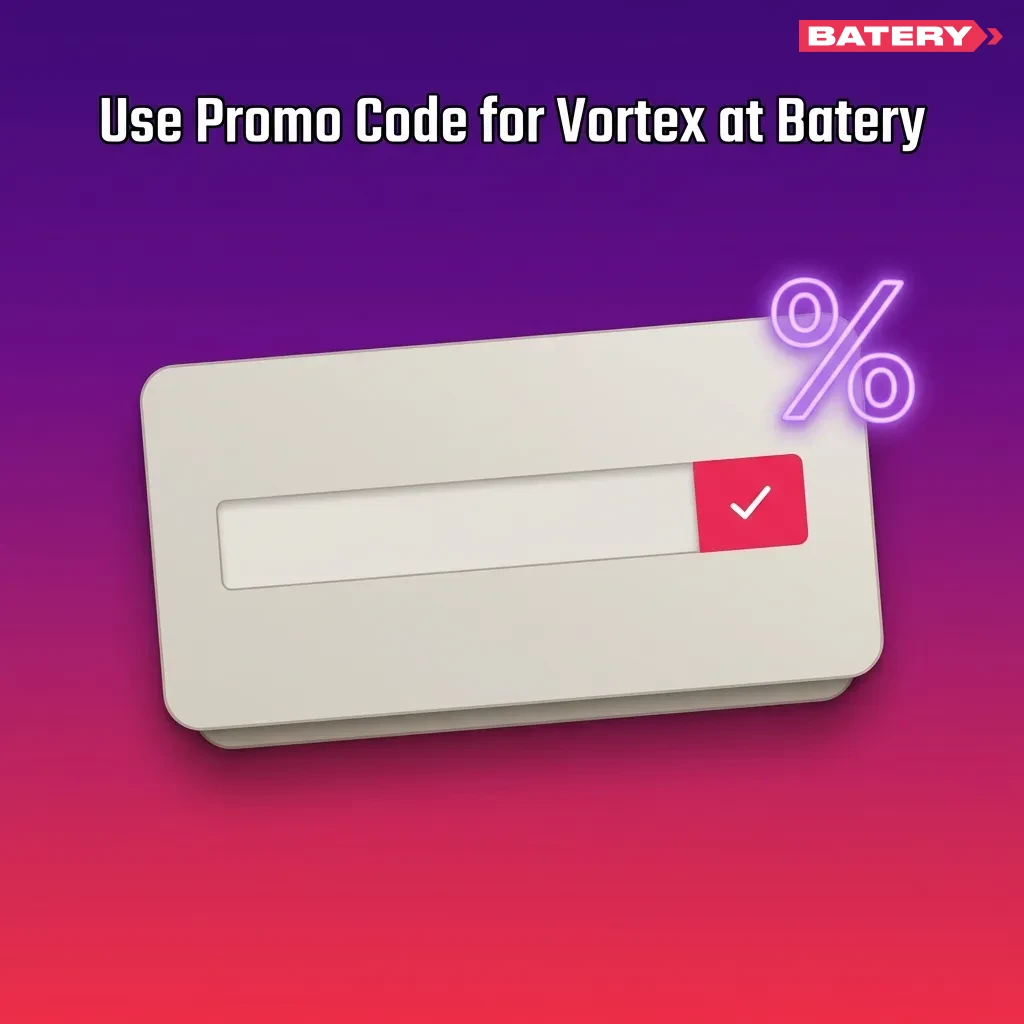 Vortex promo code VORTEX100 registration screen showing bonus credits offer at Batery gaming platform — Vortex at Batery in India