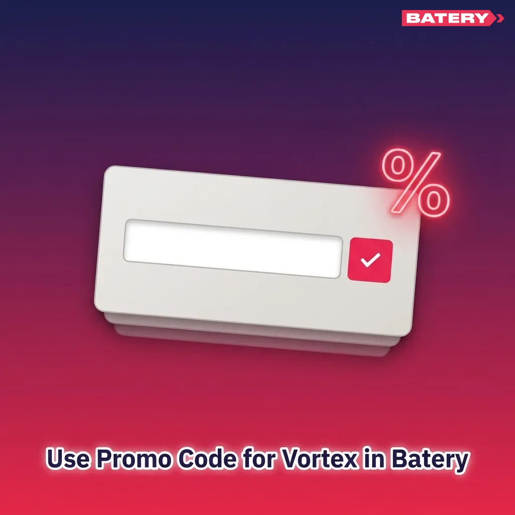 Vortex promo code VORTEX100 displayed on mobile screen for registration bonus at Batery casino — Vortex in India