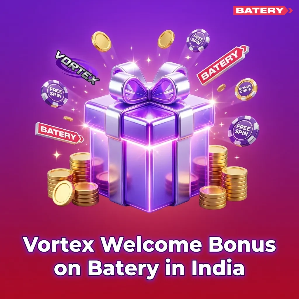 Batery casino welcome bonus interface showing ₹1,50,000 offer with free spins for Vortex game in India — Vortex in India