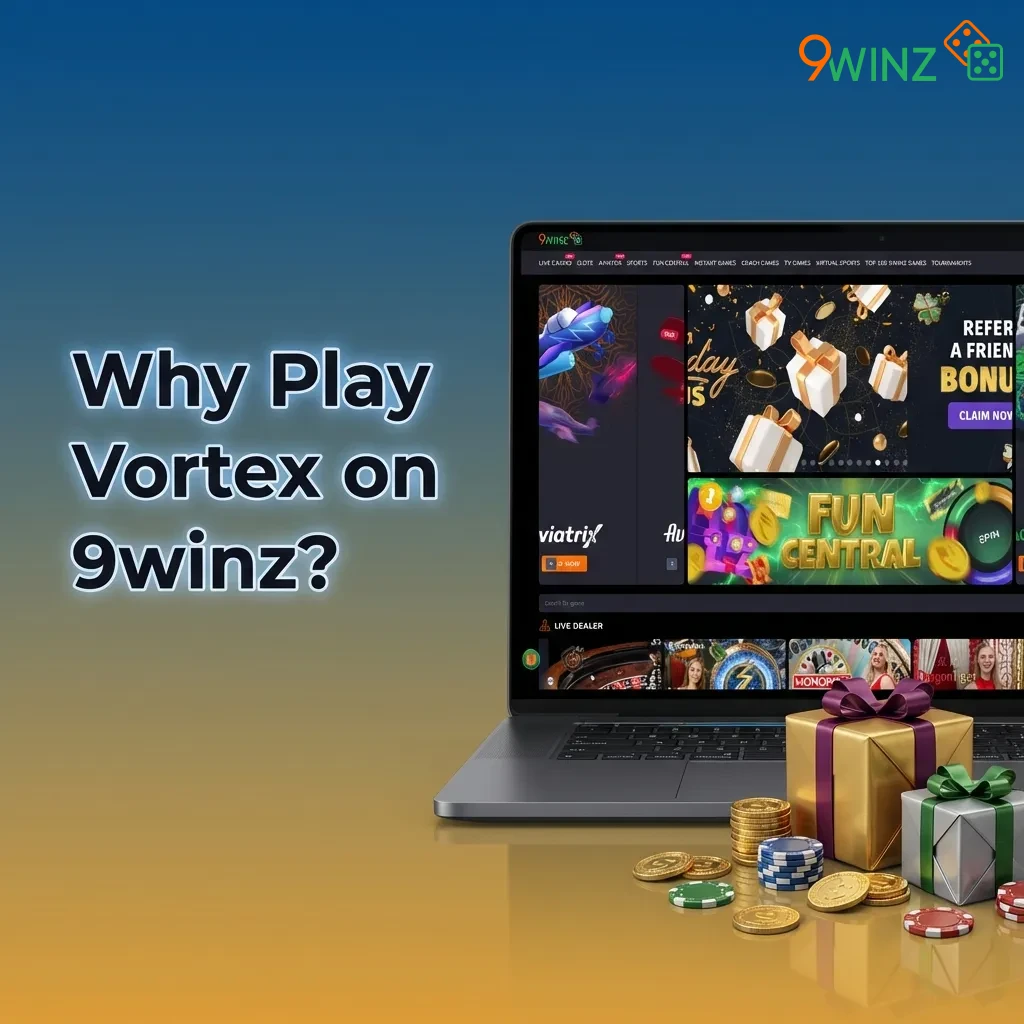 9winz Vortex game features including live support, real-time stats, high RTP, instant withdrawals, and mobile play — Vortex at 9winz in India